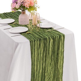 Olive Green 10FT Cheesecloth Table Runner Boho Gauze Fabric Table Runner Rustic Sheer Runner for Wedding Bridal Baby Shower Birthday Party Boho Table Decor（1 Pack Olive Green）