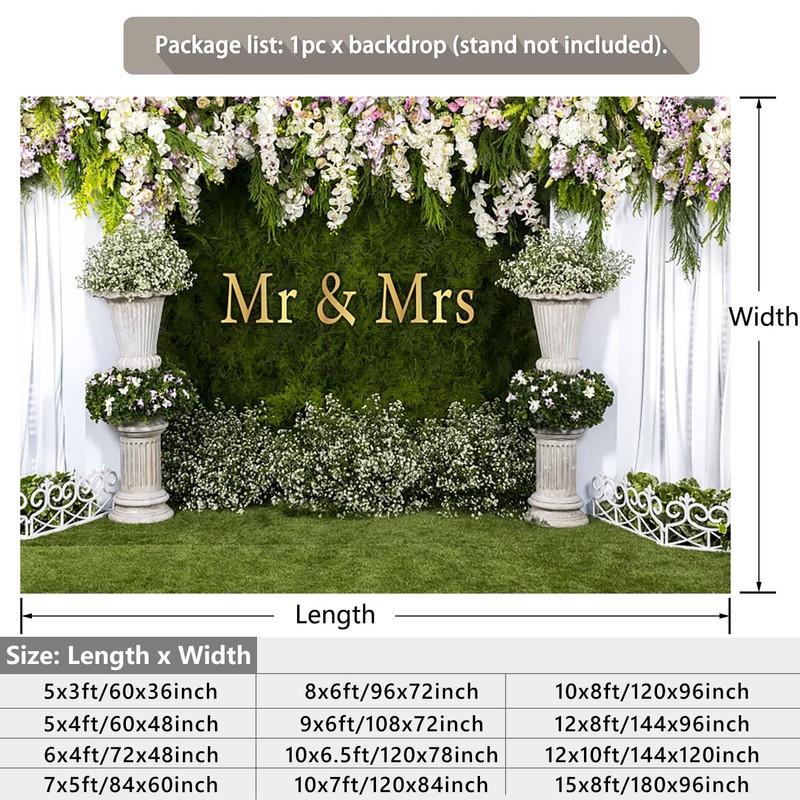 CRTPOD Wedding Backdrop Mr and Mrs White Curtain Floral Grass