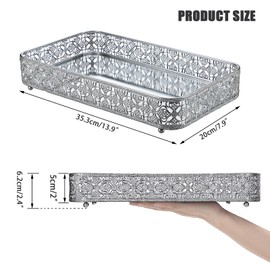 ELLDOO Countertop and Vanity Tray, Bathroom Tray Perfume Tray Mirror Tray, Silver Vanity Hollow-Carved Jewelry Tray Glass Metal Trinket Storage Tray Home Decor Organizer Tray,Large Size