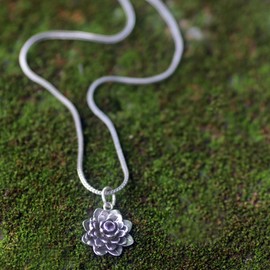NOVICA Artisan Crafted Sterling Silver Flower Pendant Necklace | Purple Floral | Amethyst Gemstone | Lobster Claw Clasp | Foxtail Chain | Hypoallergenic Jewelry | Indonesia ' Sacred Lilac Lotus'
