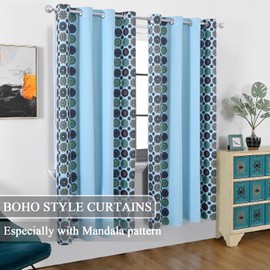 Estelar Textiler Sky Blue Boho Blackout Curtains for Living Room, Full Room Darkening Grommet Mandala Pattern Design Curtains for Bedroom, Light Blocking Thermal Insulated Drapes, 52Wx72L, 2 Panels