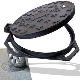 MASSLUNT Cast Iron Manhole Cover and Frame 16”, B Class Black Septic Tank Lid with Base, Round Sewage Basin Lid, Heavy Duty Metal Inspection Cover for Driveway, Concrete, Yard (True 15.8”)