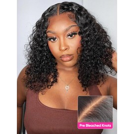 ISEE Glueless Bob Wigs Human Hair Pre Plucked Pre Cut Water Wave Human Hair Wig for Black Women 5x7 HD Lace Closure Wigs 180% Density (Black, 12 Inch)