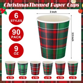 FoldTier 90 Pcs Christmas Paper Cups 9 oz Disposable Christmas Red Green Plaid Coffee Cups Winter Party Supplies for Hot Cold Beverage Chocolate Tea Cocoa Holiday Xmas Table Decoration