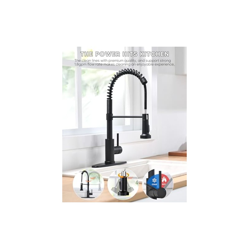 Black Kitchen Faucet with Pull Out Sprayer Stainless Steel Single