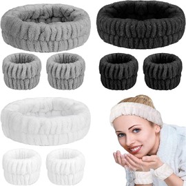 Juego de 9 Diadema Skincare, Diadema de Spa Facial, 3 piezas Bandas para el Cabello y 6 piezas Muñequeras, para Cuidado de la Piel, Desmaquillaje, Ducha (Gris+Negro+Blanco)