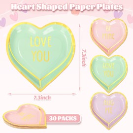 AnyDesign 30Pcs Valentine Paper Plate Gold Foil Heart Disposable Dessert Plate Pink Purple Green Dinnerware Plate for Wedding Anniversary Party Supplies, 7.3 In