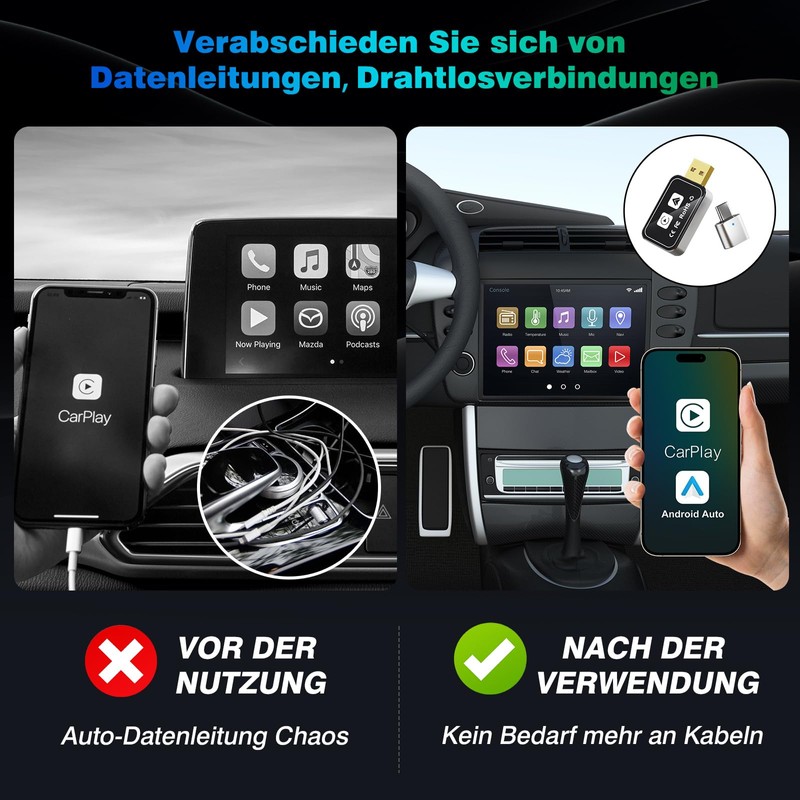 2-in-1 Wireless Carplay and Android Car Wireless Adapter, Convert Wired