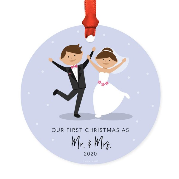 Andaz Press Round Metal Keepsake Christmas Tree Wedding Ornament, Our First Christmas as Mr. & Mrs. 2024, Dancing Couple, 1-Pack, Gift Ideas, Ribbon and Gift Bag