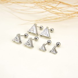 3 Pairs Surgical Stainless Steel Screw Back Stud Earrings, Heart Square Princess Cut Horse Eye Teardrop Triangle Cubic Zirconia Stud Earrings Set (Triangle)