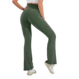 HEGALY Women's Maternity Flare Leggings Over The Belly - Casual Pregnancy Yoga Pants with Pockets Buttery Soft, Olive Green, Medium