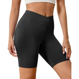 VALANDY Creamlush Crossover Biker Shorts Women - 8" V High Waist Yoga Lounge Shorts,Comfortable & Stretchy Black