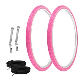PRO+ Pair of Bicycle TIRE 700 X 38C Pink/Pink SIDEWALL Pair of Tires W/Heavy Duty Tubes 60MM Presta Valve & TIRE LEVERS G-5001
