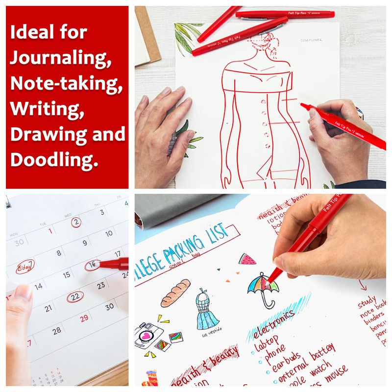 Lelix Felt Tip Pens, 40 Red Pens, 0.7mm Medium Point