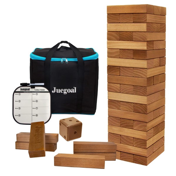 Juegoal 54 Pieces Giant Tumble Tower Blocks Game Giant Wood Stacking Game with 1 Dice Set, Gameboard, Canvas Bag for Adult, Kids, Family, Brown