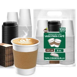 Berry Green 100 Vasos para Café Resistentes con Tapa y Manga Protectora, Perfecta Para Café, Té y todo Tipo de Bebidas Calientes, sin Derrames, Biodegradables