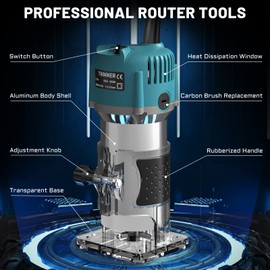 TwoWin Router Tool, 110V 800W Compact Palm Wood Router Tool for Woodworking, Electric Hand Trimmer 1/4" Collets Woodworking Tool Laminate Trimmer + Tungsten Carbide Router with 15 Pcs Router Bits