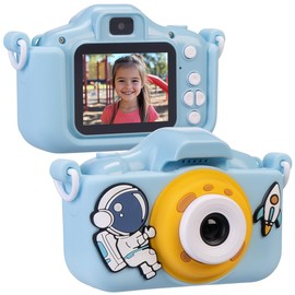 Playtastic Selfie-Kinderkamera, 2''-IPS-Display, 1080p, USB-C, Weltall-Hülle blau