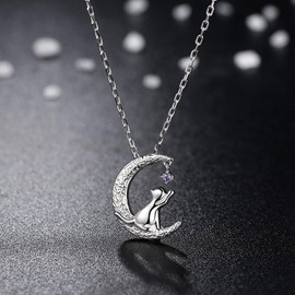 GemShadow Women Girls 925 Sterling Silver Cubic Zirconia Cat Necklace