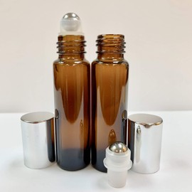 Ananda Corporation 10ml [1/3 oz] Amber Glass Rollon Bottle with Steel Roller & Aluminum Silver Caps [150 Pcs]