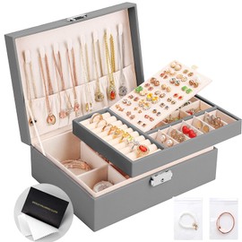 Jewelry Box for Women Girls 2 Layer Leather Travel Jewelry Organizer Storage Case with Lock and Removable Tray for Necklace Earrings Rings Bracelets Gift, Come with Polishing Cloth and Jewelry Bags