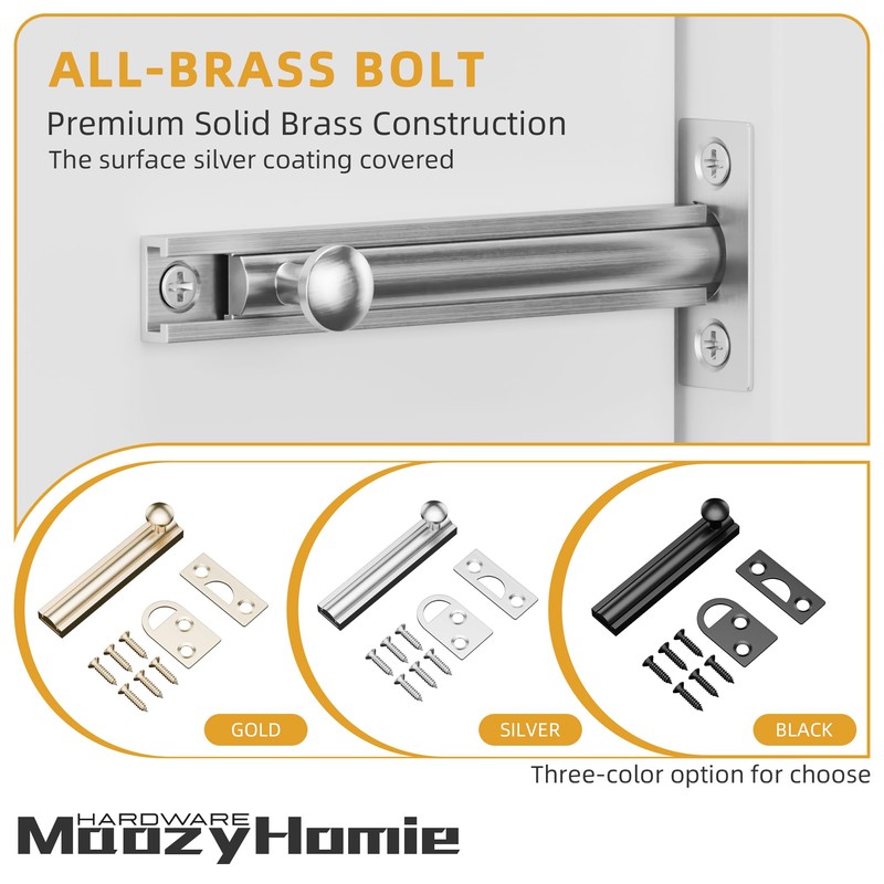 MaozyHomie 4 Inch Solid Brass Surface Bolt, Heavy Duty Concealed