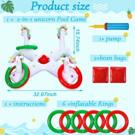 ShinyRelief Unicorn Inflatable Pool Ring Toss 2-in-1 Floating Unicorn Swimming Pool Supplies with 6 Rings 2 Bean Bags 1 Pump for Adults and Family Summer Party Hawaii Party Beach Backyard