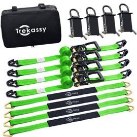 Trekassy Car Tie Down Straps for Trailers with Stake Pocket D Ring, Trailer Ratchet Straps for Car Truck, UTV & More, 10,000lbs Break Strength (Green)