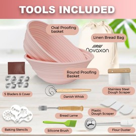 NOVAXON Sourdough proofing basket, Banneton bread proofing basket, Sourdough bread baking supplies along with bench scraper, bread lame, flour sifter, dough cutter & dough whisk.