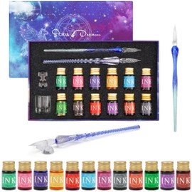 BELLE VOUS 16-Piece Calligraphy Set with Holder, Ink Bottles & Empty Bottle - 2 x Feather Pens - Calligraphy Set for Beginners and Adults - 12 x 7 ml Various Calligraphy Ink Colours
