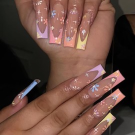 Press on Nails Long Square Fake Nails Colorful Flower Designs Summer Cute False Nails Floral Full Cover Stick on Nails Long Artificial Nails for Women Manicure 24Pcs