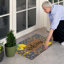 Qskjre Lemon Welcome Door Mat, Italian Mediterranean Lemon Artificial Coir Front Door Mat Indoor Outdoor Entrance, Summer Amalfi Coast Farmhouse Doormat Rug for Porch Entryway Patio Decor,17X30 Inch