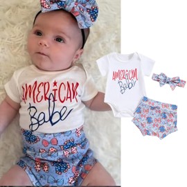Bonangber Newborn 4th of July Outfit Girl American Babe Onesie Short Sleeve Romper Bloomers Set Fourth of July Baby Girl Outfit(A-White American Babe,0-3 Months)