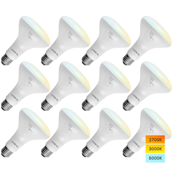 LUXRITE 12-Pack BR30 LED Bulb, 65W Equivalent, 3 Colors 2700K | 3000K | 5000K, Dimmable, 850 Lumens, LED Flood Light Bulbs, 10W, Damp Rated, Indoor/Outdoor - Living Room, Kitchen, and Recessed