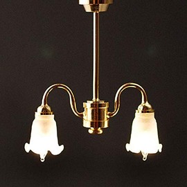 Melody Jane Dolls House 2 Arm Chandelier Frosted Tulip Shades Down 12V Electric Lighting
