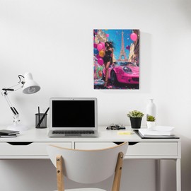 Fashion Glam Girl Canvas Wall Decor Paris Eiffel Tower Framed Art Prints for Woman Man Boys Girls Teens,Pink Sports Car Woman Pictures Painting for Home Bathroom Bedroom Living Room 12"x16"