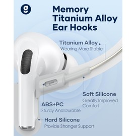 Gcioii Memory Titanium Alloy Ear Hooks for AirPods Pro 3, AirPods Pro 2, AirPods Pro & AirPods 3, Anti-Slip Sport Accessories [Added Anti-Lost Lanyard] Comfortable Secure Fit, White