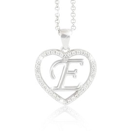PAVELS Necklace Chain E Letter Chain Silver 925 Heart Zirconia Initial Letter Name Gifts for Her, Silver, Cubic Zirconia