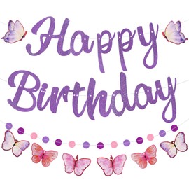 Purple Happy Birthday Decorations for Women, Happy Birthday Banner with Purple Butterfly Decorations, NO DIY Birthday Party Decorations with Circle Dot Happy Birthday Garland and Bunting Banner