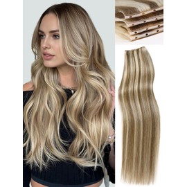 WIGNEE OVO 1PC 50g Double Layered Remy Human Hair Extension – 18 Inch Hand-Tied and PU Weft, 13 Inch Wide, Seamless Cuttable Blonde Hair with Micro Beads, Glueless Install for White Women