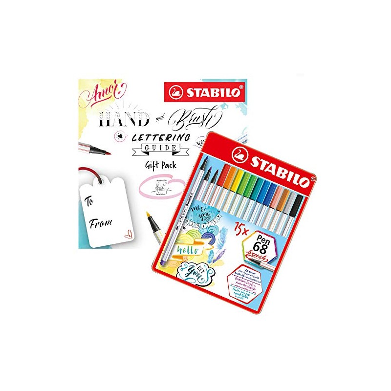 STABILO Pen 68 Brush Pens with Handwriting Instructions, 15 Assorted