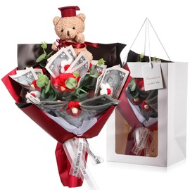 Thiccywoov 2025 Graduation Crochet Flowers Bouquet Money Bouquet Kit Graduation Bear Artificial Knitted Rose Flower Grad Gift for DIY Congratulation Graduate Gift(Red)