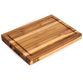 EZ FURNITURE 17"L x 13"W x 1"Th Teak Wood Cutting Board, Edge Grain with Juice Groove and Handles, Knife Friendly, Suitable for Chopping, Aesthetics for The Kitchen