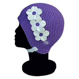 Blue Reef Tunis Bubble Single Colour Floral Ladies Classic Retro 3 Flower 2 Colour Row 3D Petal Stylish Vintage Swimming Hat Swim Cap One Size Adults With Adjustable Strap (Purple)