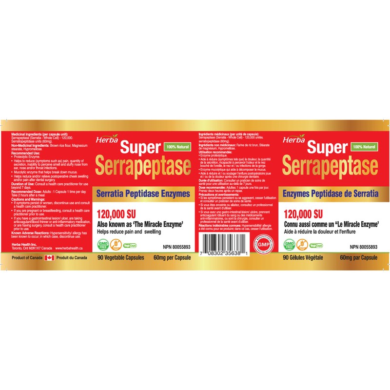 Herba Serrapeptase 120,000 SU - 90 Vegetable Capsules | High