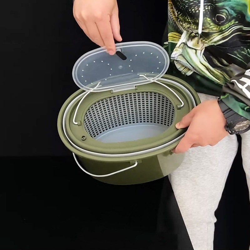 2-in-1 Fishing Bucket Double-Deck Fish Box Detachable Fish Strainer Colander