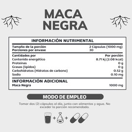 Maca Negra | 1000 mg de Maca Negra Peruana Orgánica por cápsula | Sin Azúcar - Suplemento Alimenticio Vegano - Ingredientes NON GMO (60 Cápsulas)
