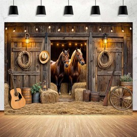 Wathon Western Cowboy Backdrop for Photography Southwest Country Ranch Photo Backdrop Retro Rustic Barn Door with Cactus Guitar Texas Photo Background Booth Video Studio Props 7X5FT