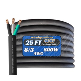 25 Feet 8/3 SOOW Cable Cord Wire - 8 Gauge 8 AWG 3 Conductor 600V Portable Power Extension Cord Cable with Ultra Flexible CPD Insulation Jacket