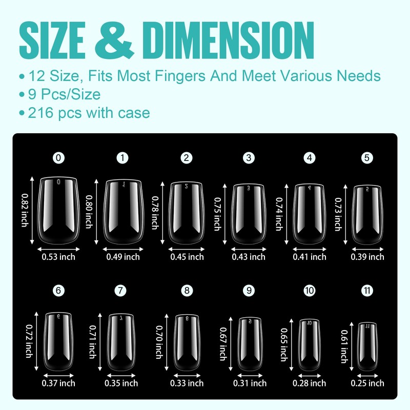 TOMICCA Fake Clear Nails, Short Square False Nail Tips, 216Pcs